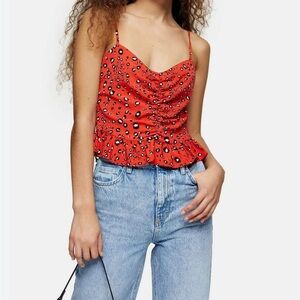 14. Topshop Red Ruched Leopard Print Peplum Camisole Sleeveless Top Size 10